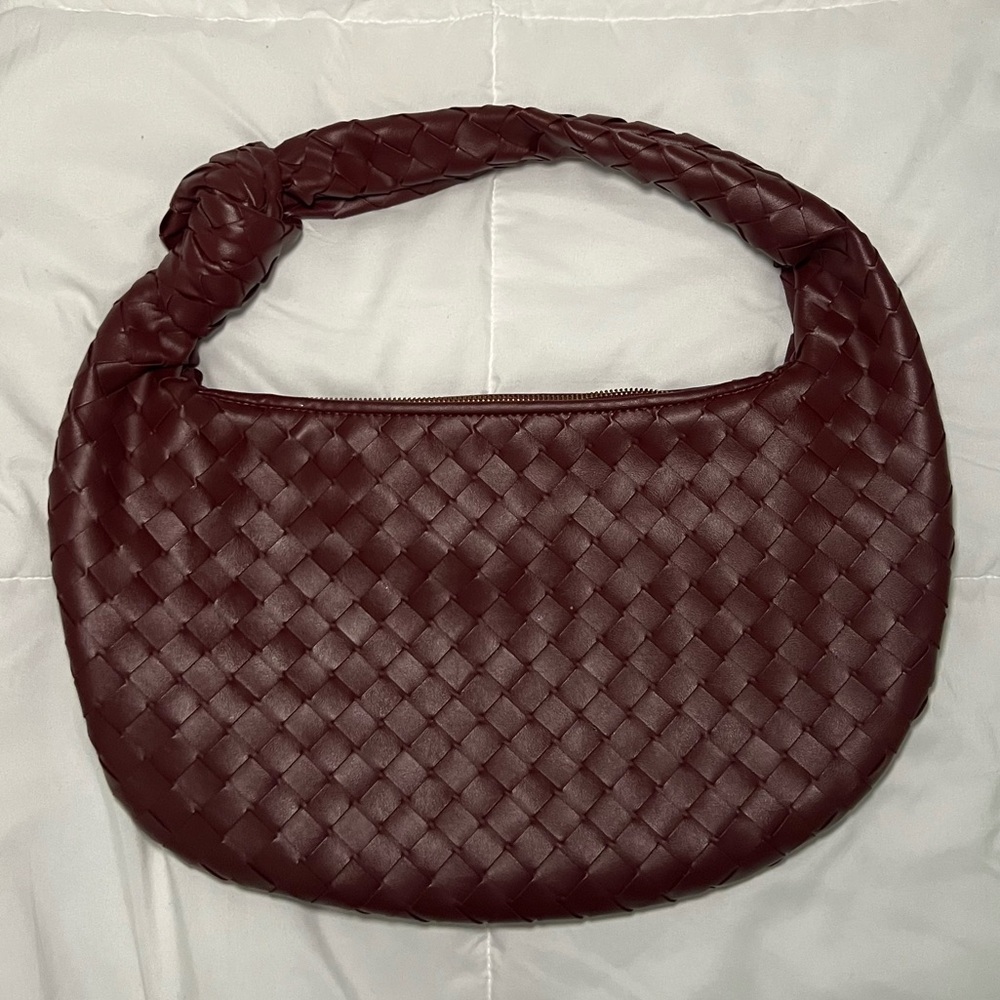 Woven Leather Shoulder Bag - Burgundy